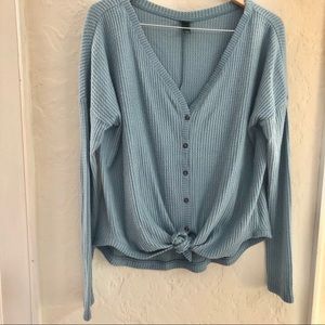 Comfy blue waffle knit tie front cardigan